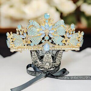 Crystal crown tiara, Vintage Gold Crown, Blue bow tiara, Bridal crystal tiara